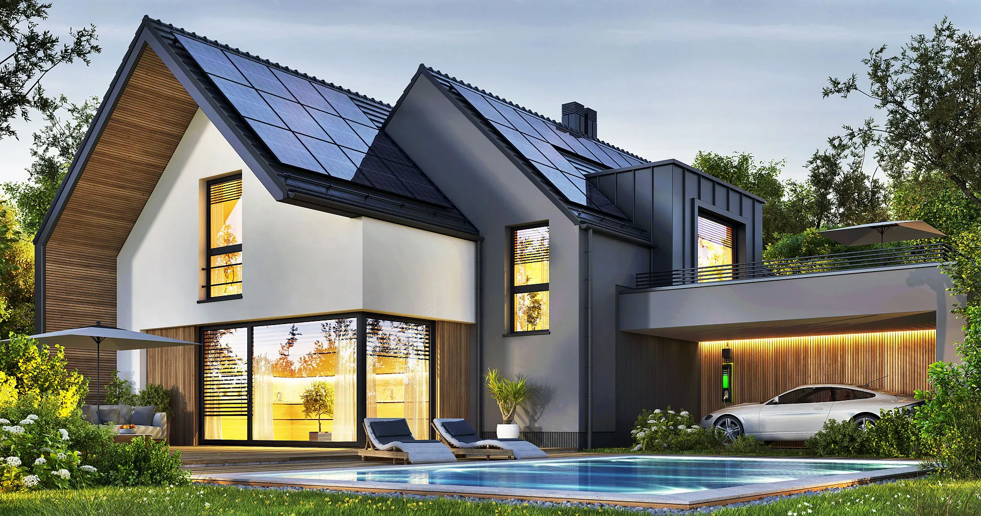 Das Bild zeigt ein energieeffizientes Einfamilienhaus mit Solaranlage, Elektroauto-Ladestation und einem Pool im gepflegten Garten.