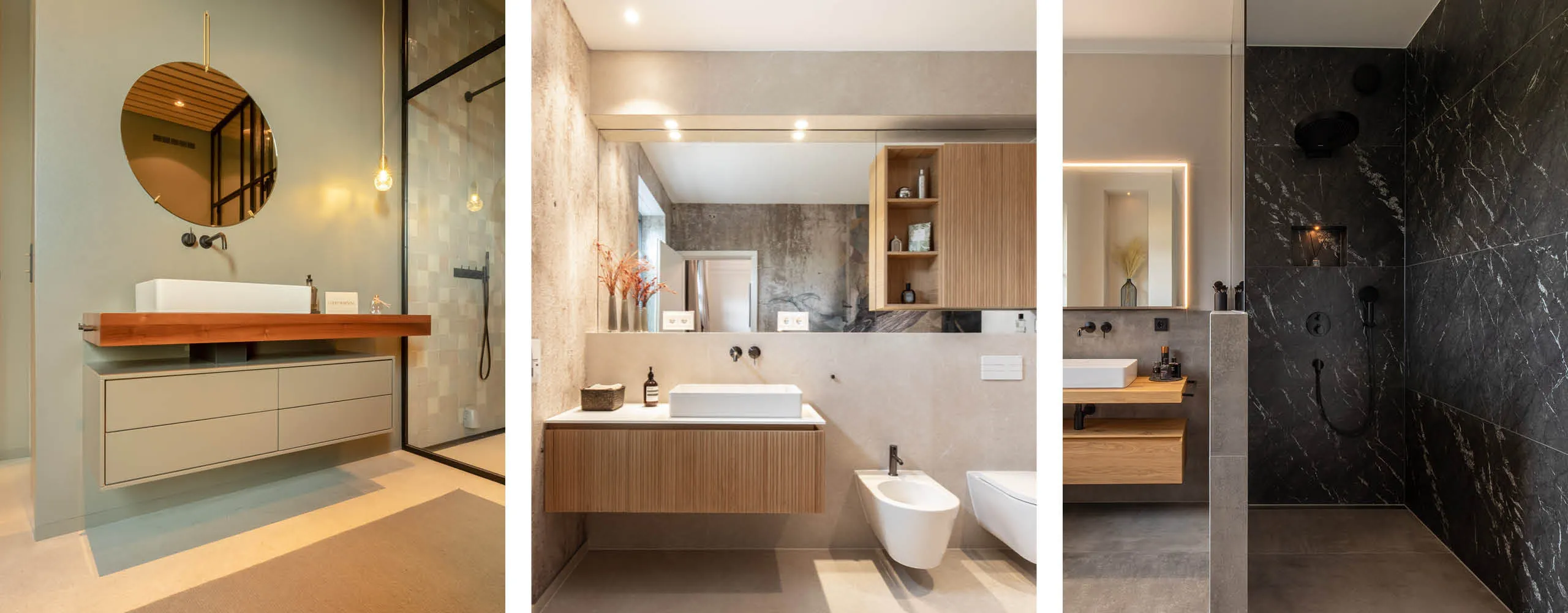 Header mit drei Referenzbädern des Handwerksunternehmens Prehn & von Hoeßlin GmbH & Co. KG.