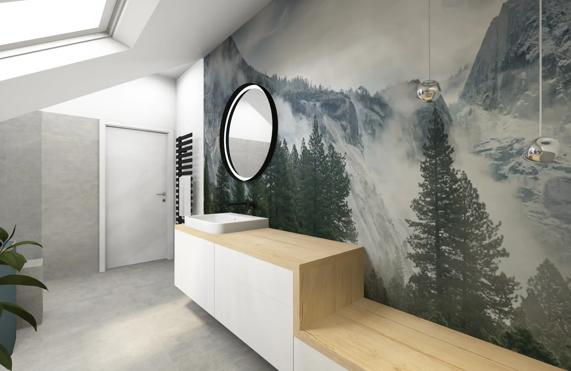 Helles Badezimmer mit Berglandschaft-Fototapete, Holzwaschtisch und Dachfenster.