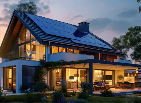 Beleuchtetes Einfamilienhaus in der Dämmerung mit Solar-Modulen.