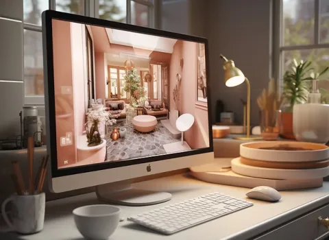 Computer mit Abbildung eines Badezimmers in rosa Farben.