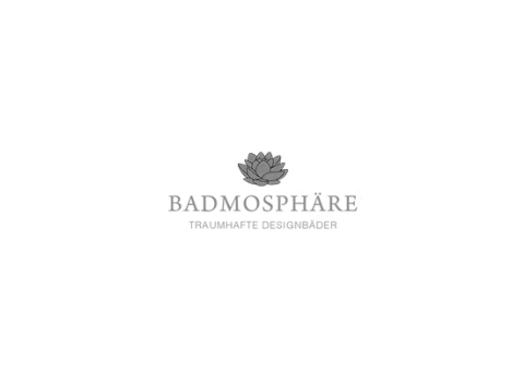 Logo von Badmosphäre mit einer stilisierten Lotusblüte in Grau.