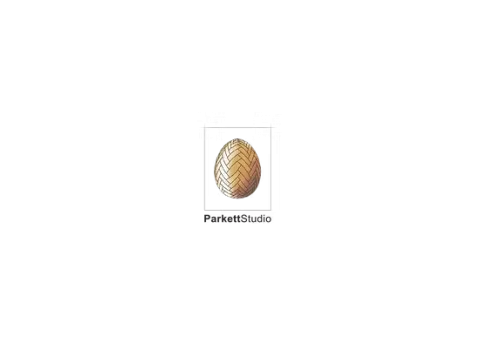 Logo des Parkettstudio mit goldenem, gewebt aussehenden Holzstruktur-Ei in einem schwarzen Rahmen.