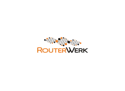 Logo des Unternehmens Routerwerk mit orange-schwarzer Wortmarke und abstrakten, gepunkteten Linienformen darüber.