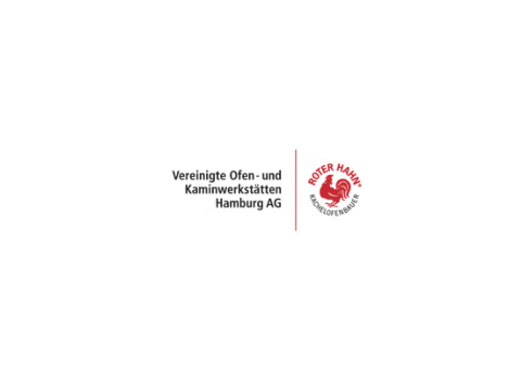 Logo des Unternehmens Vereinigte Ofen- und Kaminwerkstätten Hamburg AG - kurz VOK - mit schwarzer Wortmarke, roter vertikaler Linie und rotem kreisförmigem Symbol.
