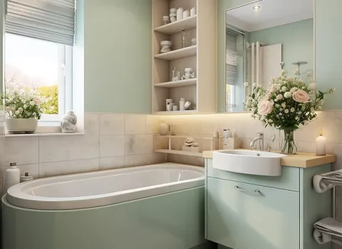 Modernes Bad in Minttönen mit Waschtisch, Spiegel und stilvoller Wandgestaltung.