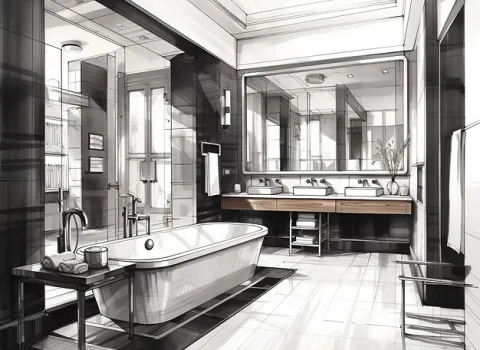 Modernes Badezimmer mit großer freistehender Badewanne, grauen Wandfliesen und Glasabtrennung.