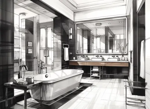 Modernes Badezimmer mit großer freistehender Badewanne, grauen Wandfliesen und Glasabtrennung.