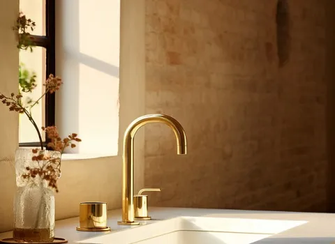 Waschtisch mit goldener Armatur vor Fenster und Natursteinwand.