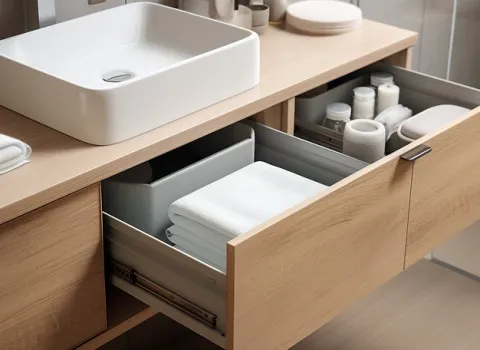 Waschtisch-Unterschrank mit offenen Schubladen in hellem Holzton.