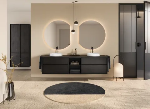 Waschtisch aus der Kollektion Uomo des Herstellers burgbad in der Farbe Eiche Dekor Nachtschwarz.