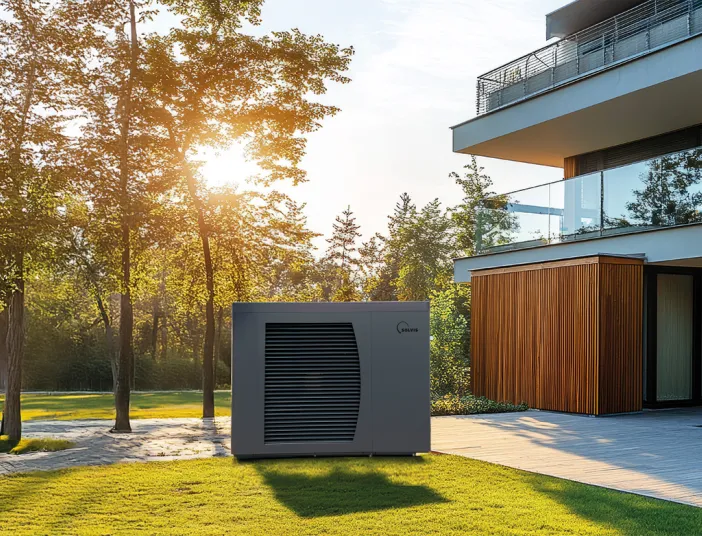 Eine Solvis-Wärmepumpe steht auf einer Rasenfläche vor einem modernen Mehrfamilienhaus mit Holzfassade, umgeben von Bäumen und warmem Sonnenlicht.